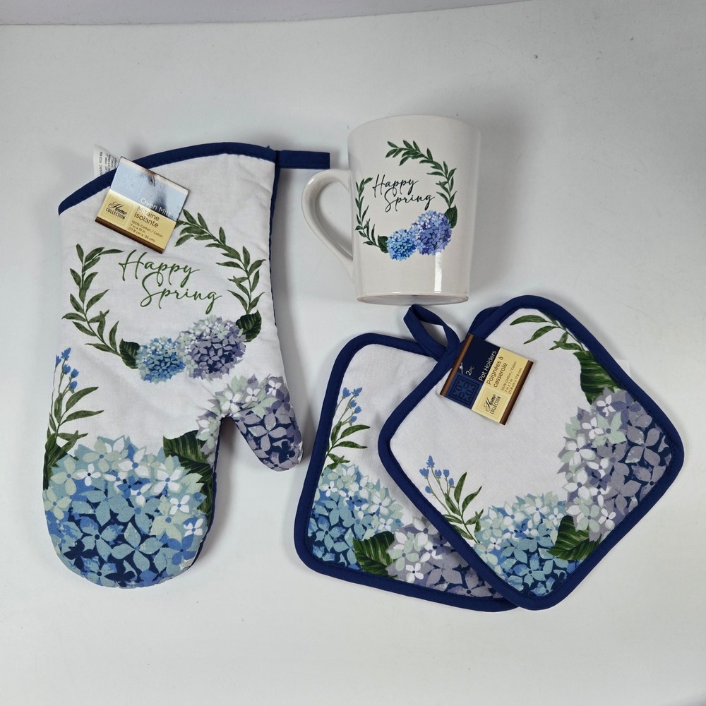 Home Collection Kitchen Set Blue Happy Spring Hydrangea Oven Mitt Pot Holders